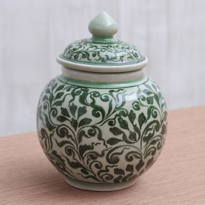 Celadon ceramic jar, 'Vegetation' - Celadon Ceramic Jar with Lid