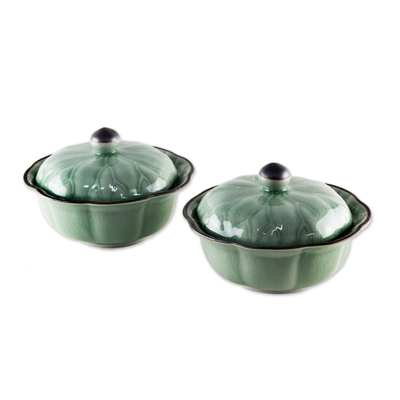 Celadon ceramic bowls with lids, 'Lotus Leaves' (pair) - Celadon ceramic bowls with lids (Pair)