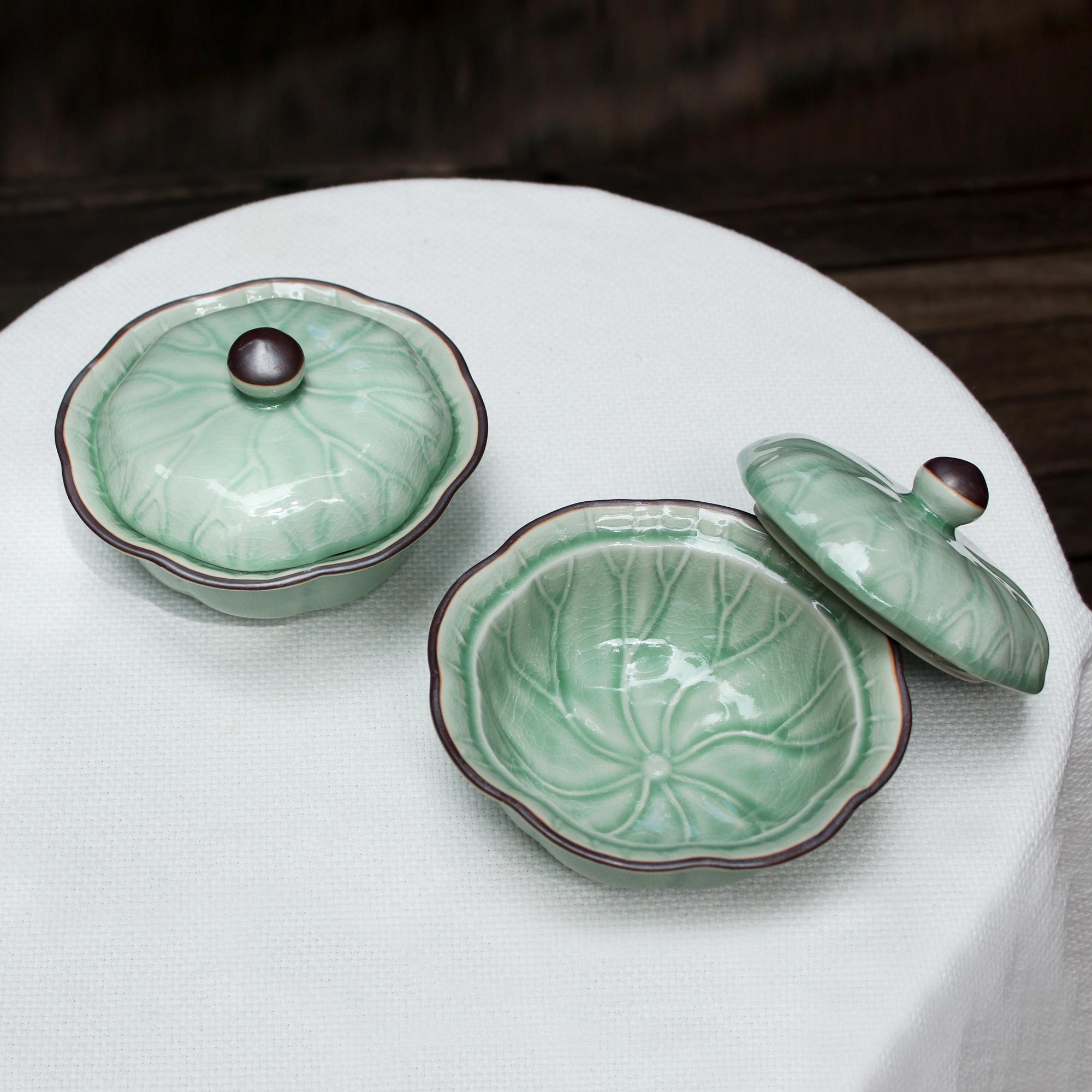 Celadon Ceramic Bowls With Lids (pair) - Lotus Leaves 