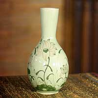 Celadon ceramic vase, 'Lofty Lotus' - Celadon ceramic vase