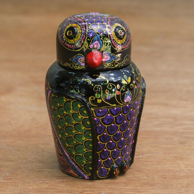 Lacquered wood box, 'Owl and Its Secrets' - Hand Painted Lacquered Wood Box