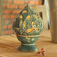 Portavelas de cerámica Celadon, 'Blue Bouquet' - Portavelas de cerámica Celadon