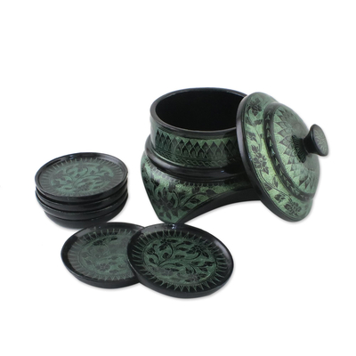 Lacquered coasters, 'Jade Jungle' (set for 6) - Lacquered Mango Wood Coasters (Set for 6)