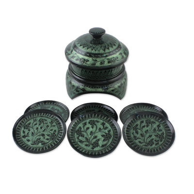 Lacquered coasters, 'Jade Jungle' (set for 6) - Lacquered Mango Wood Coasters (Set for 6)
