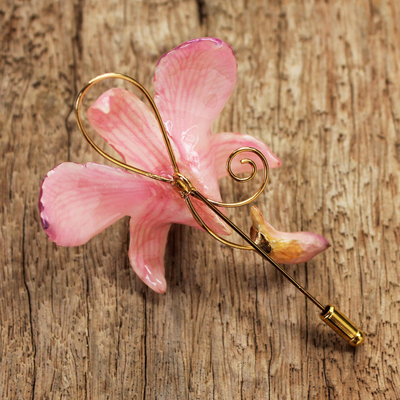 Natural orchid gold-plated stickpin, 'Eternal Orchid' - Unique Natural Flower Gold Plated Brooch Pin
