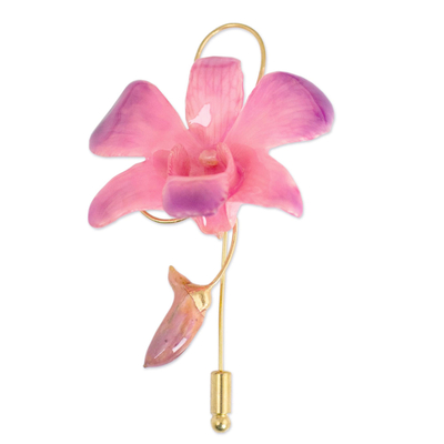 Natural orchid gold-plated stickpin, 'Eternal Orchid' - Unique Natural Flower Gold Plated Brooch Pin