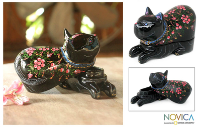 Lacquered wood box, 'The King's Kitty Cat' - Fair Trade Lacquerware Mango Wood Decorative Box