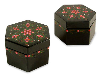Lacquered boxes, 'Floral Octagons' (pair) - Handmade Lacquered Mango Wood Boxes (Pair)
