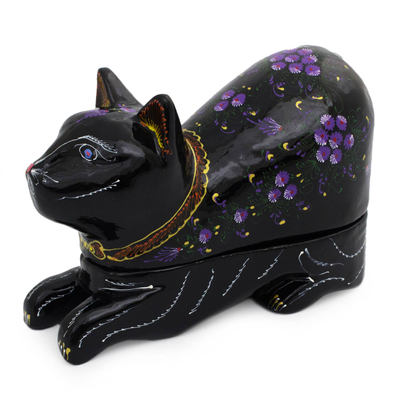 Lacquered wood box, 'Blue-Eyed Kitty Cat' - Unique Lacquerware Mango Wood