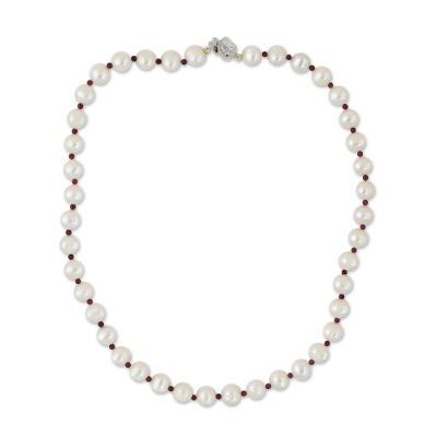 Pearl and garnet strand necklace, 'Pure Love' - Thai Bridal Pearl Strand Necklace