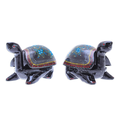 Lacquered boxes, 'Good Luck Turtles' (pair) - Handcrafted Lacquerware Decorative Boxes (Pair)
