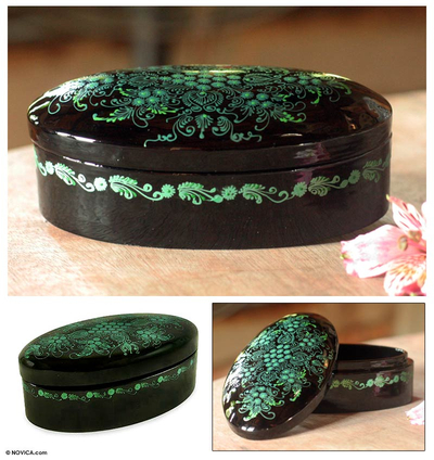 Lacquered box, 'Emerald Blossoms' - Hand Crafted Mango Wood Decorative Box