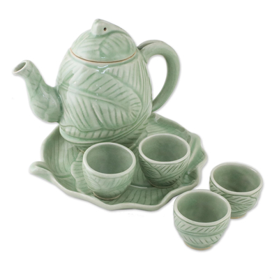 Celadon ceramic tea set, 'Peaceful Islands' (set for 4) - Celadon ceramic tea set (Set for 4)