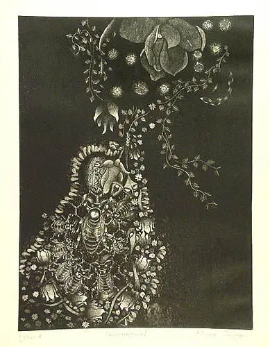 'Beauty in the Form of Nature' - Thai Black and White Etching Print of Flowers and Insects