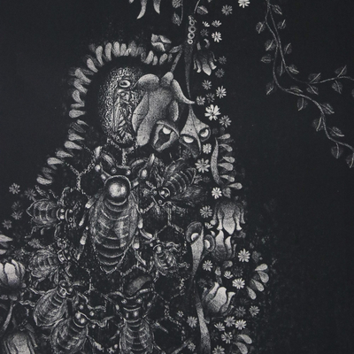 'Beauty in the Form of Nature' - Thai Black and White Etching Print of Flowers and Insects