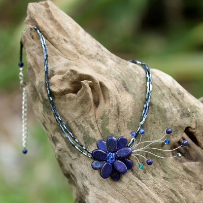 Lapis lazuli choker, 'Midnight Sea' - Lapis Lazuli Flower Necklace