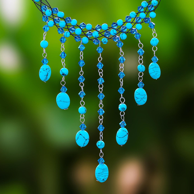 Beaded choker, 'Blue Rain Shower' - Handcrafted Turquoise coloured Waterfall Necklace