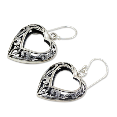 Sterling silver heart earrings, 'Moonlit Hearts' - Hand Made Sterling Silver Dangle Earrings