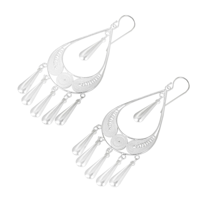 Sterling silver filigree earrings, 'Mystic Rain' - Handcrafted Sterling Silver Chandelier Earrings