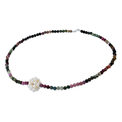 Pearl and tourmaline necklace, 'Ivory Chrysanthemum' - Beaded Tourmaline and Pearl Necklace