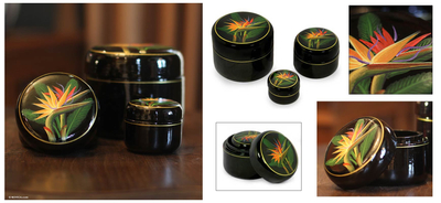 Lacquered wood boxes, 'Birds of Paradise' (set of 3) - Mango Wood Decorative Boxes from Thailand (Set of 3)