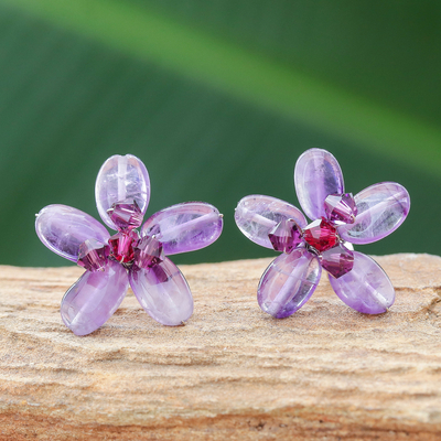 Amethyst button earrings, 'Peace Flower' - Hand Crafted Beaded Amethyst Earrings