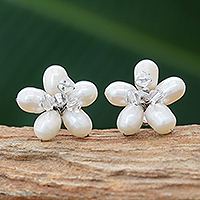 Pearl button earrings, 'Ice Flower' - Fair Trade Bridal Pearl Button Earrings