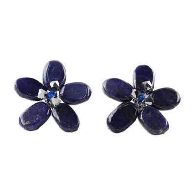 Lapis lazuli button earrings, 'Blue Flower' - Floral Lapis Lazuli Button Earrings