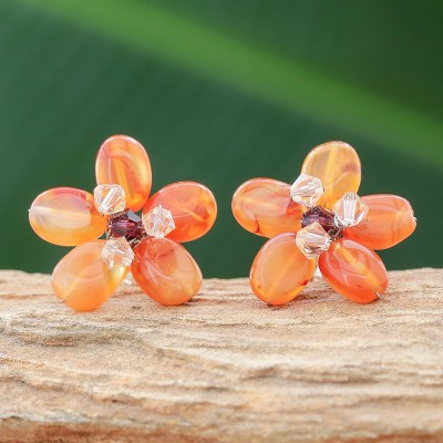 Carnelian button earrings, 'Honey Flower' - Carnelian Button Earrings Handmade in Thailand