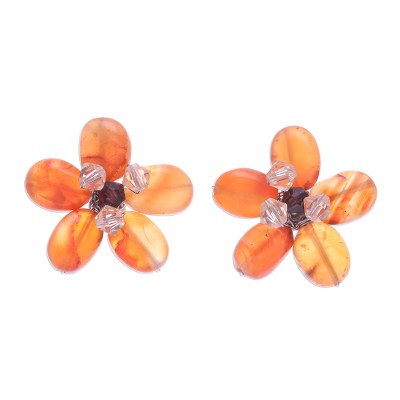 Carnelian button earrings, 'Honey Flower' - Carnelian Button Earrings Handmade in Thailand