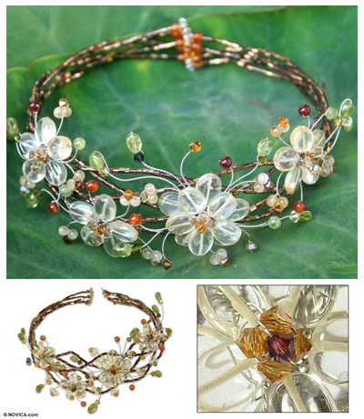 Peridot choker, 'Garland' - Hand Made Floral Carnelian and Quartz Choker Necklace