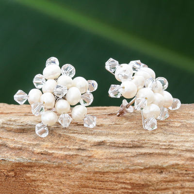 Pearl button earrings, 'White Stars' - Hand Made Pearl Button Earrings from Thailand