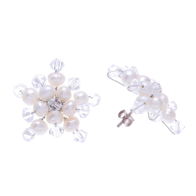 Pearl button earrings, 'White Stars' - Hand Made Pearl Button Earrings from Thailand