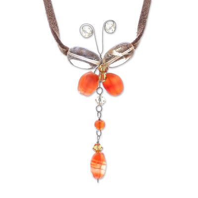 Carnelian and citrine pendant necklace, 'Flight' - Carnelian and Citrine Butterfly Necklace