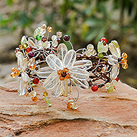 Citrine and peridot wrap bracelet, 'Garland' - Unique Thai Floral Multigem Wristband Bracelet