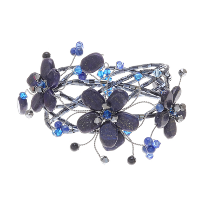 Lapis lazuli wrap bracelet, 'Garland' - Hand Crafted Floral Beaded Lapis Lazuli Bracelet