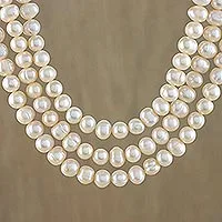 Cultured pearl strand necklace, 'Triple Halo' - Traditional Necklace with Three Strands of Pearls