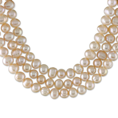 Cultured pearl strand necklace, 'Triple Halo' - Thai Cultured Peach Pearl Triple Strand Necklace