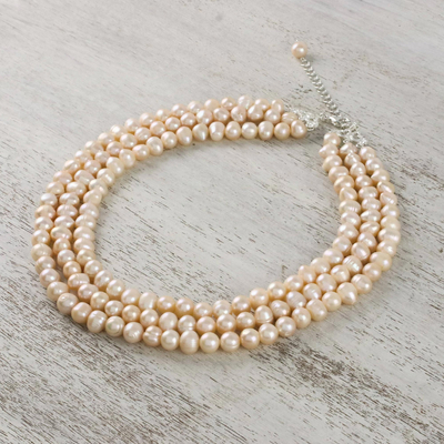 Cultured pearl strand necklace, 'Triple Halo' - Thai Cultured Peach Pearl Triple Strand Necklace