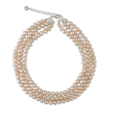 collar de perlas cultivadas - Collar de tres vueltas de perlas de melocotón cultivadas de Tailandia