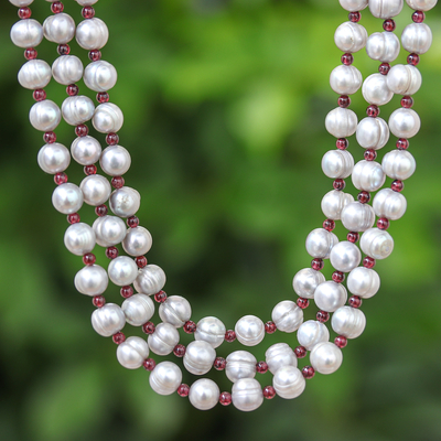 Cultured pearl and garnet strand necklace, 'Magic' - Artisan Crafted Pearl Strand Necklace