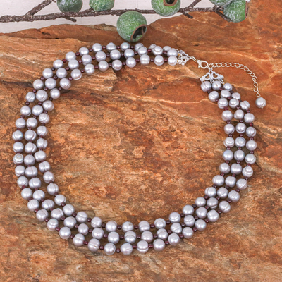 Cultured pearl and garnet strand necklace, 'Magic' - Handmade Grey Cultured Pearl and Garnet Strand Necklace