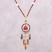 Tiger's eye and carnelian pendant necklace, 'Golden Dreamcatcher' - Tiger's eye and carnelian pendant necklace