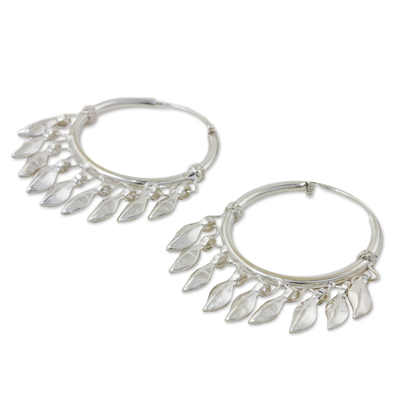 Sterling silver hoop earrings, 'Leaves in the Wind' - Handcrafted Sterling Silver Hoop Earrings