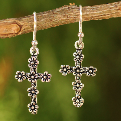 Sterling silver cross earrings, 'Blooms and Crosses' - Fair Trade Sterling Silver Religious Dangle Earrings