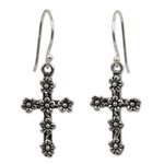 Sterling silver cross earrings, 'Blooms and Crosses' - Fair Trade Sterling Silver Religious Dangle Earrings