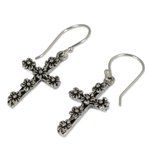 Sterling silver cross earrings, 'Blooms and Crosses' - Fair Trade Sterling Silver Religious Dangle Earrings