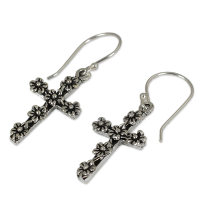 Sterling silver cross earrings, 'Blooms and Crosses' - Fair Trade Sterling Silver Religious Dangle Earrings