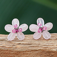 Rose quartz button earrings, 'Crystal Flower' - Rose Quartz Beaded Button Earrings