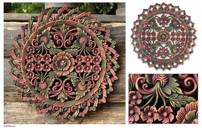 Wood relief panel, 'Floral Medallion' - Wood relief panel